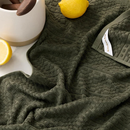 ® Evergreen Design Series Heavyweight Textured Oversized Kitchen Towels 3-Pack Set, Absorbent 100% Cotton, Dual-Purpose, Deep Forest Green, 18"X28"