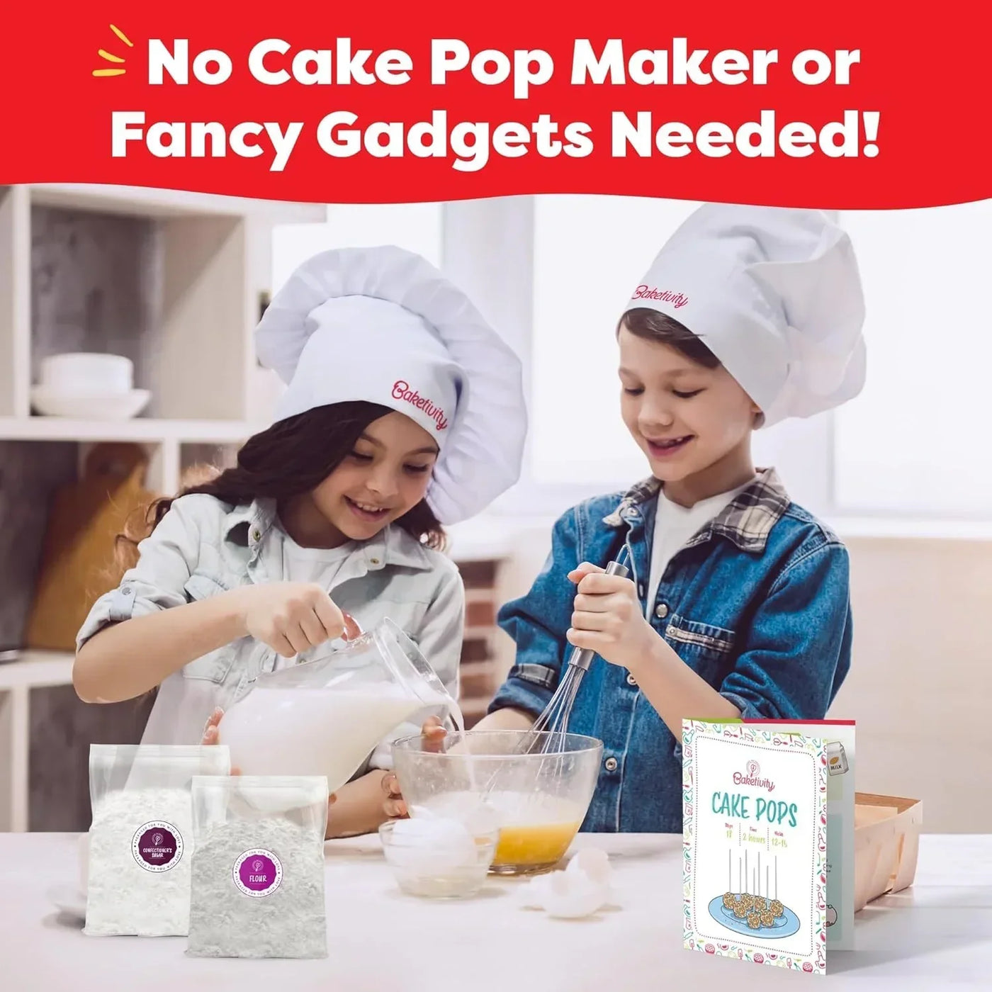 Kids baking cake pops with Baketivity kit, mixing batter in kitchen, no fancy gadgets needed