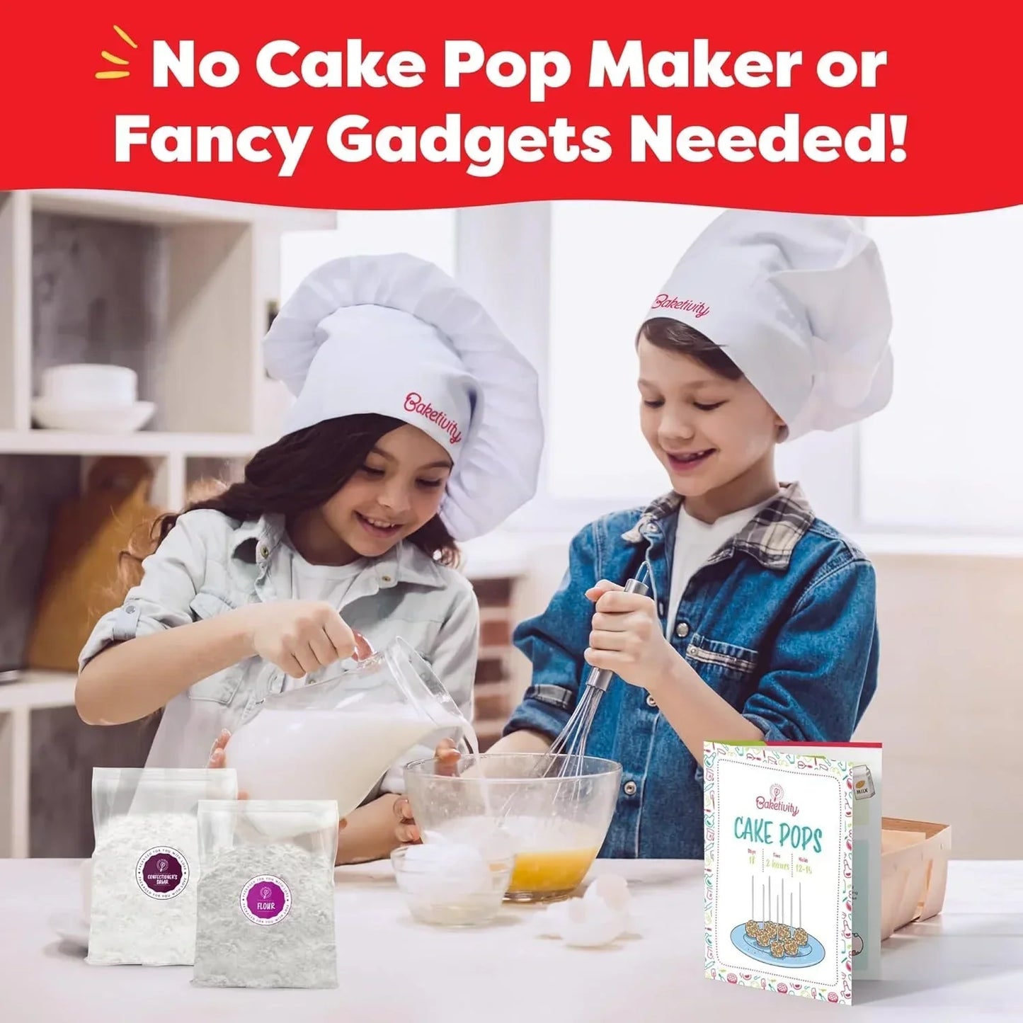 Kids baking cake pops with Baketivity kit, mixing batter in kitchen, no fancy gadgets needed
