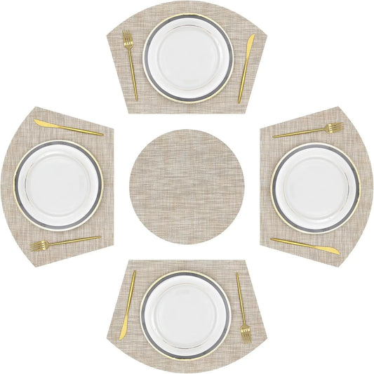 Large Size Wedge Shape Placemats with Centerpiece round Mat Set of 5 round Table Place Mats Washable Dining Table Placemats Reversible, Beige