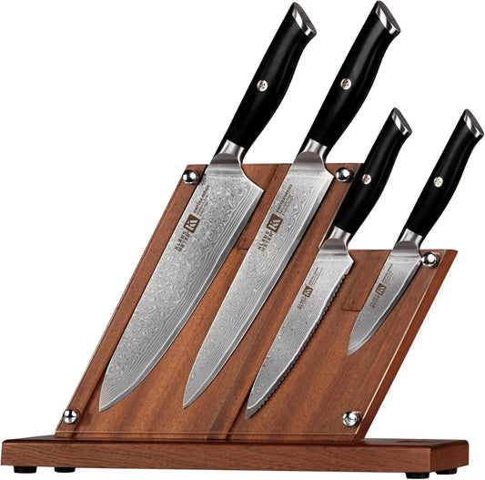 5 Piece Damascus Knife Block Set, 67-Layer High Carbon Damascus Steel, Ultra-Sharp Kitchen Knife Set with Magnetic Wooden Block