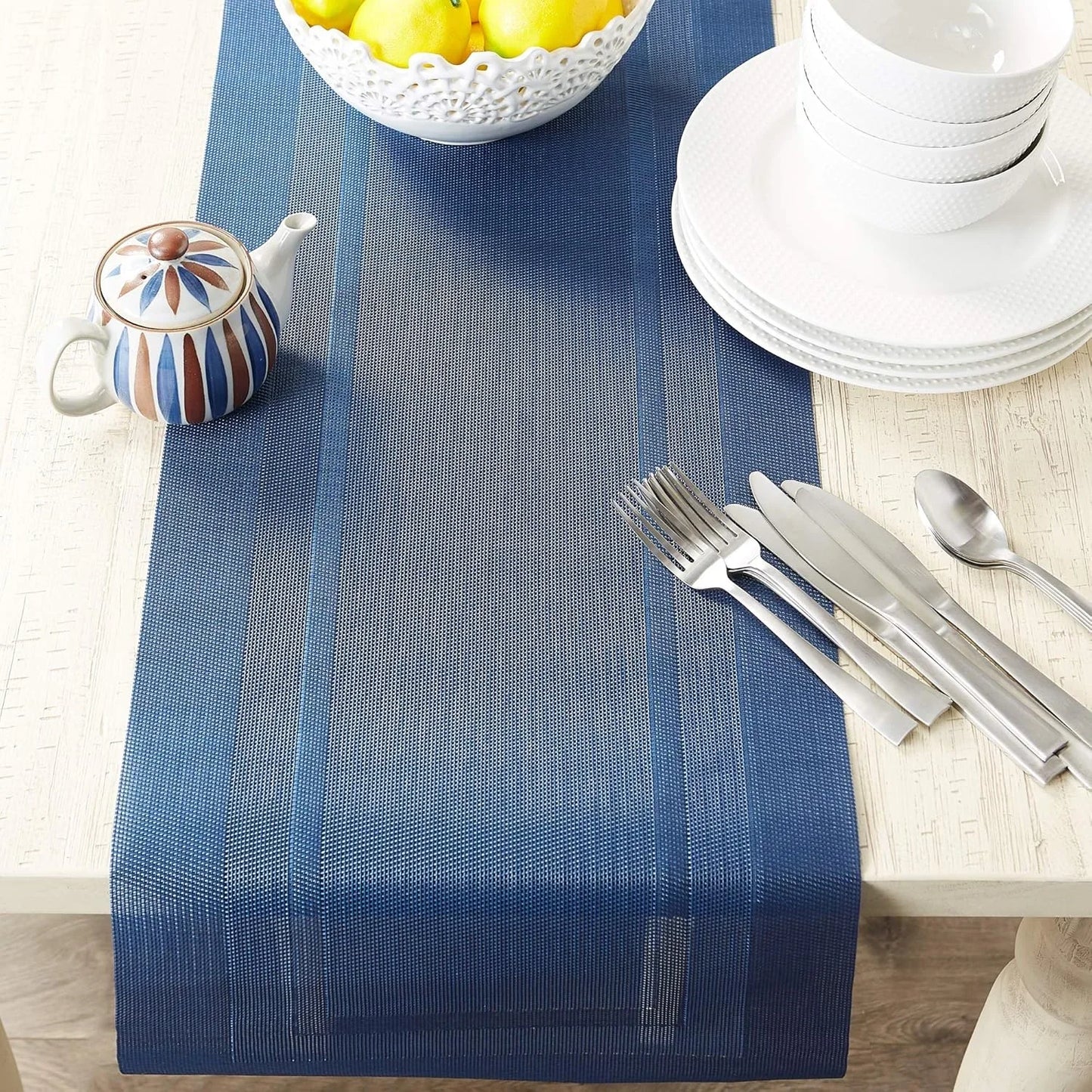 PVC Tabletop Collection Woven Indoor/Outdoor, Table Runner, 14X72, Nautical Blue