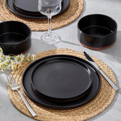 12 Pieces Porcelain Dinnerware Sets, Premium Plates and Bowls Set, High-Fired Ceramic Dishes Set for 4, Chip & Scratch Resistant, Microwave Dishwasher Safe, Charcoal Black
