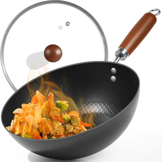 Carbon Steel Pan, 9.5-Inch Stir-Fry Woks & Pans Set with Glass Lid, 1.65Lb Lightweight No Chemical Coated Flat Bottom Small Wok for 1-2 Servings
