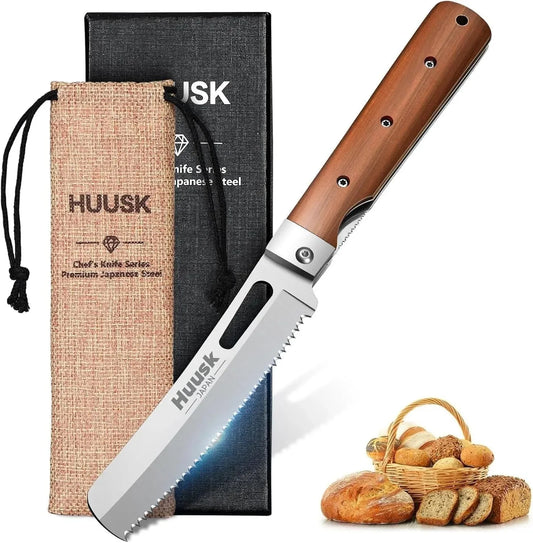 Folding Bread Knife for Homemade Bread, Portable Bread Knives with Wide Wavy Edge for Steak, Tomato, Japanese Pocket Knife with 440C Stainless Steel for Cooking, Christmas Gift for Men and Women