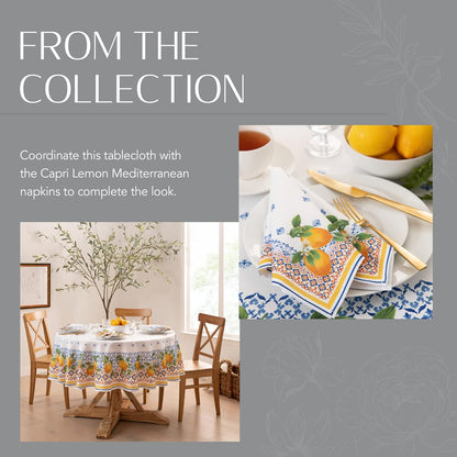 Home Fashions Capri Lemon Double-Bordered Mediterranean Spring/Summer Fabric Tablecloth, Rectangle, 60 Inches X 144 Inches