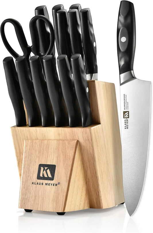 15 Pieces Knife Block Set, High Carbon German Stainless Steel Forged Sharp Blade Knife Set with Block, Dishwasher Safe Cutlery