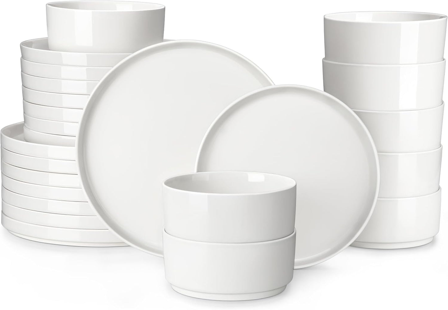 24 Pieces Porcelain Dinnerware Set, Modern White Dish Set for 8, Premium Serving Plates and Bowls Sets, Chip and Scratch Resistant Dishware Sets Kitchen Dishes Dining Ware Set, Series LEAH