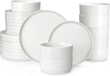 24 Pieces Porcelain Dinnerware Set, Modern White Dish Set for 8, Premium Serving Plates and Bowls Sets, Chip and Scratch Resistant Dishware Sets Kitchen Dishes Dining Ware Set, Series LEAH