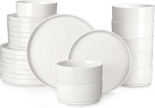 24 Pieces Porcelain Dinnerware Set, Modern White Dish Set for 8, Premium Serving Plates and Bowls Sets, Chip and Scratch Resistant Dishware Sets Kitchen Dishes Dining Ware Set, Series LEAH