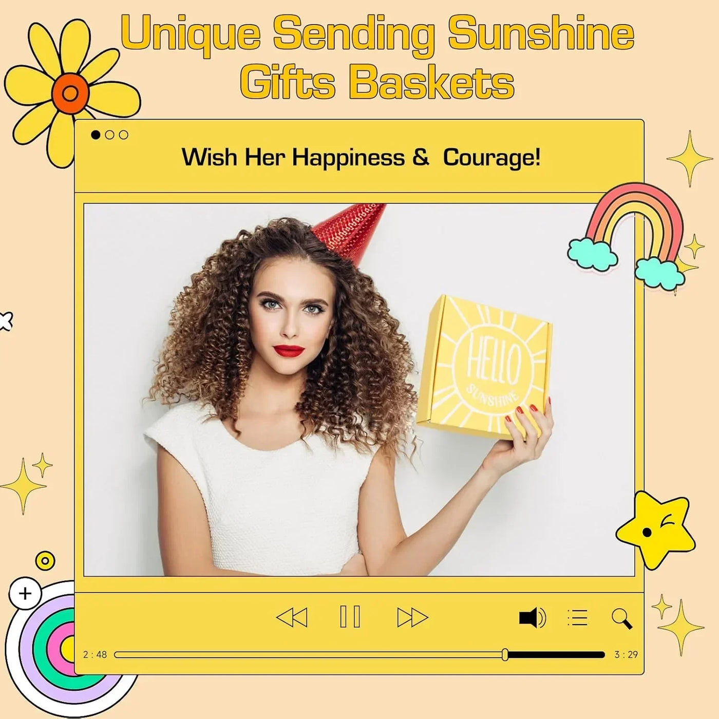 Woman holding 'Hello Sunshine' gift basket, celebrating with party hat and rainbow decor