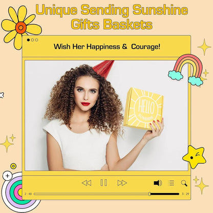 Woman holding 'Hello Sunshine' gift basket, celebrating with party hat and rainbow decor