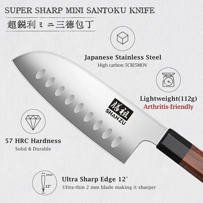 5 Inch Santoku Knife for Small Hands, Japanese High Carbon Steel Kitchen Knife, Multi-Function Mini Size Sharp Chef Knives with Ergonomic Red Sandalwood Handle, Sashimi Knives