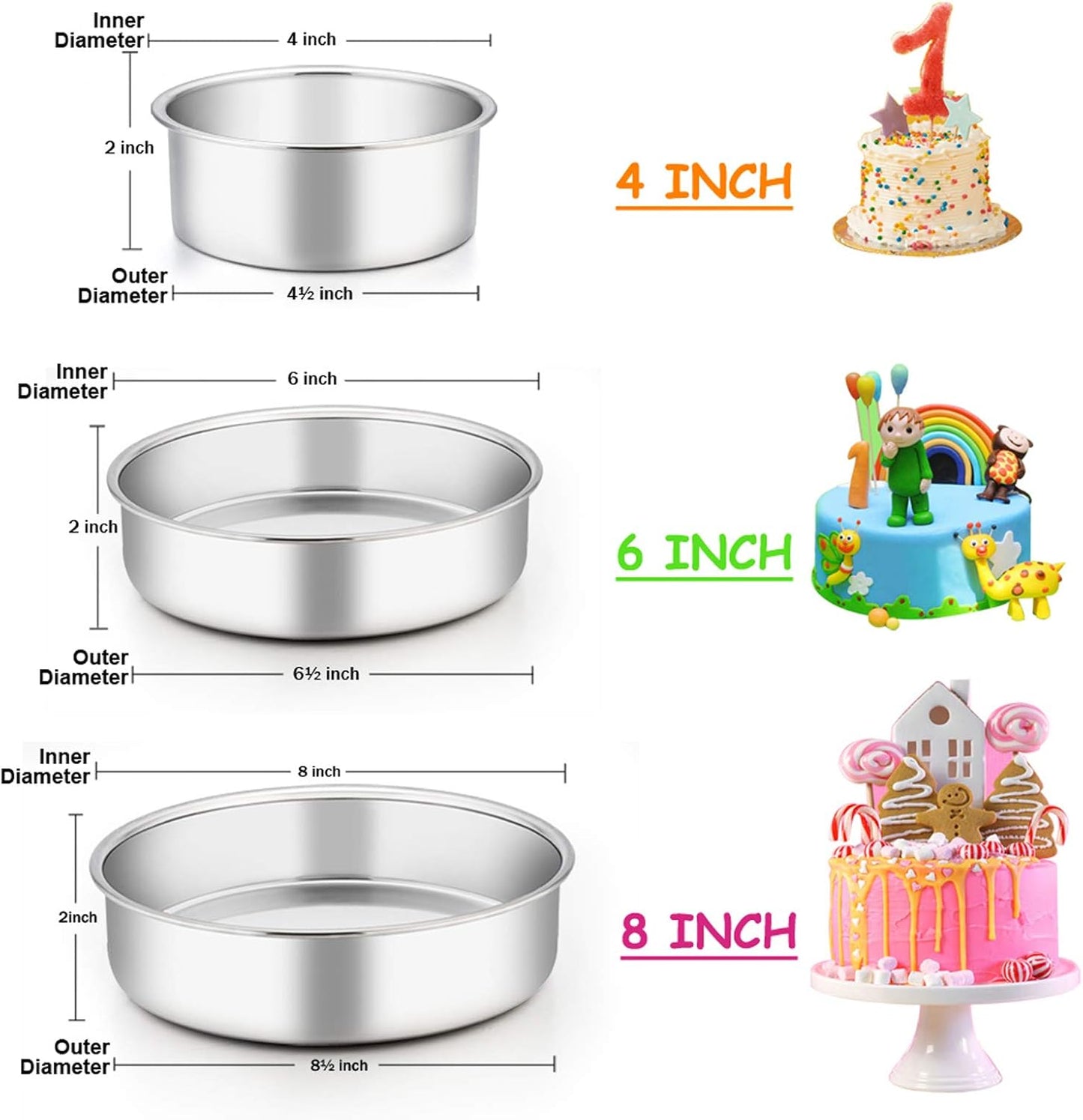 Cake Pan Set of 3 (4 Inch/6 Inch/8 Inch), Stainless Steel Small round Layer Cake Baking Pans, Perfect for Tier Smash Cake, Non-Toxic & Healthy, Mirror Finish & Dishwasher Safe