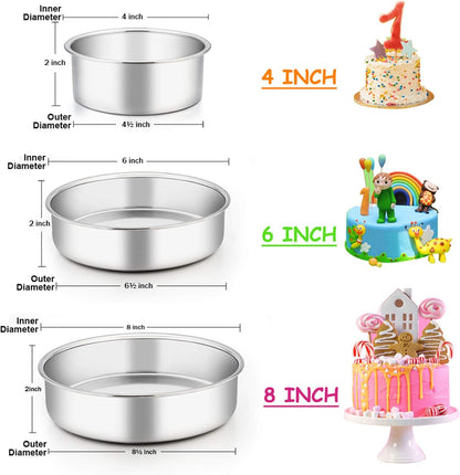Cake Pan Set of 3 (4 Inch/6 Inch/8 Inch), Stainless Steel Small round Layer Cake Baking Pans, Perfect for Tier Smash Cake, Non-Toxic & Healthy, Mirror Finish & Dishwasher Safe