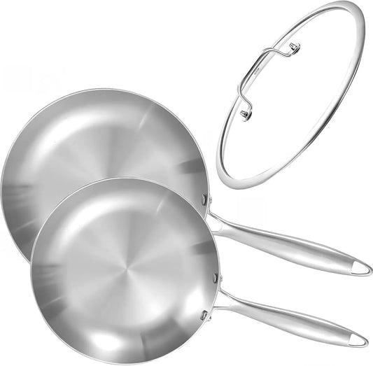 8.5-10 Inch Tri-Ply Stainless Steel Frying Pan Set with Lid,Skillets,Induction Cookware,Dishwasher and Oven Safe