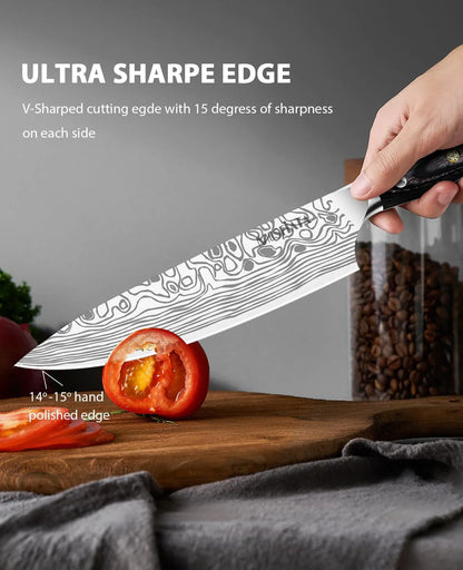 8" Super Sharp Professional Chef'S Knife with Finger Guard and Knife Sharpener, German High Carbon Stainless Steel EN1.4116 with Micarta Handle and Gift Box