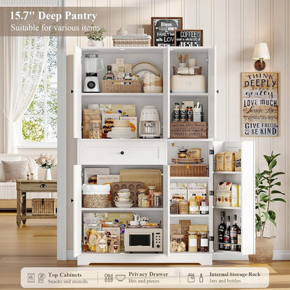 68" Tall Kitchen Pantry Storage Cabinet, Modern Kitchen Hutch Cabinet with Doors and Shelves, Freestanding Food Pantry with Large Storage Drawer for Dining Room, Living Room, White