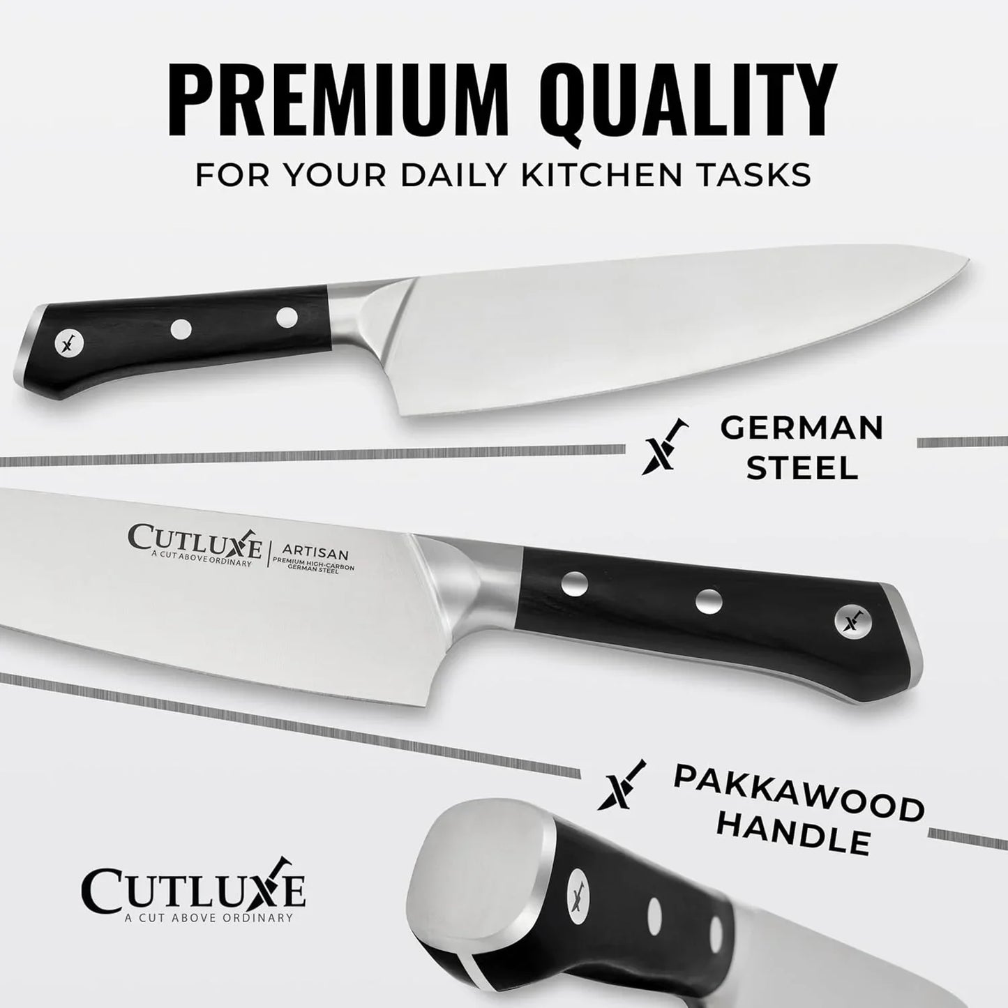 15-Piece Knife Set – High Carbon German Steel Blades, Full Tang Design & Ergonomic Pakkawood Handles in Walnut Wood Block – Artisan Series