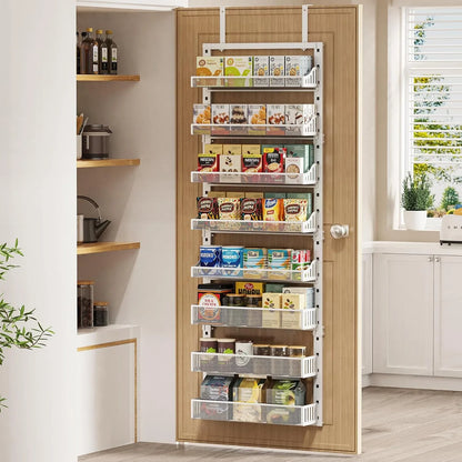 Over the Door Pantry Organizer 8-Tier, Large Metal Door Spice Rack with Adjustable Basket, 2 in 1 Wall Mount or Hanging Heavy-Duty Pantry Door Storage Shelf for Kitchen and Bathroom, White