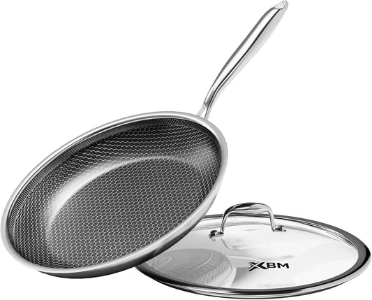 Nonstick Frying Pan with Lid, Durable Stainless Steel Skillet, Induction Cooktop Compatible, Pfoa-Free Scratch-Proof, Dishwasher & Oven Safe, Stay-Cool Handle, Silver Kitchen Cookware
