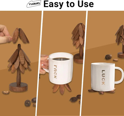 Wooden tree-shaped mug holder with 'LUCK' mug, easy to use kitchen accessory for coffee or tea