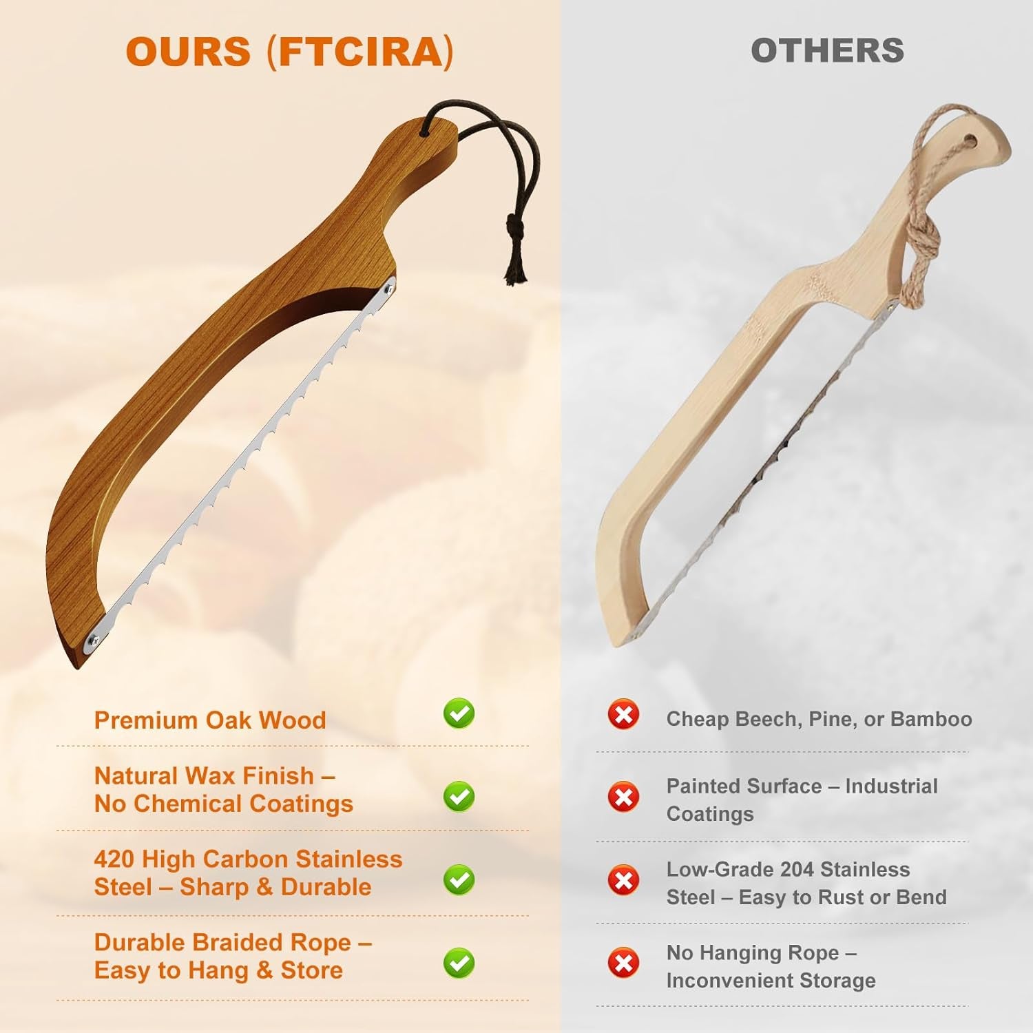 Bread Knife for Homemade Bread – 16" Walnut Bow Bread Cutter with Ultra-Sharp Serrated Stainless Steel Blade, Sourdough Bread Knife for Bagels, Baguettes, and Rustic Loaves - Walnut Color