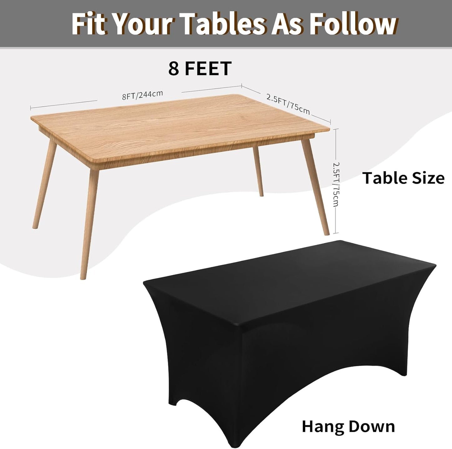 6 Pack Black Table Cloths Rectangle 8FT, Spandex Table Covers, Table Cloths for 8 Foot Rectangle Tables, Fitted Tablecloth (96L X 30W X 30H Inch)