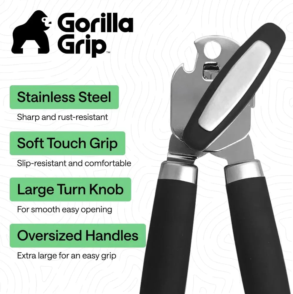 Gorilla Grip stainless steel can opener with soft touch grip, large turn knob, and oversized handles for easy use