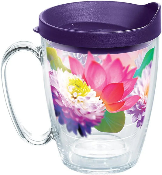 Plastic Floral Filter Tumbler with Wrap and Royal Purple Lid 16Oz Mug, Clear