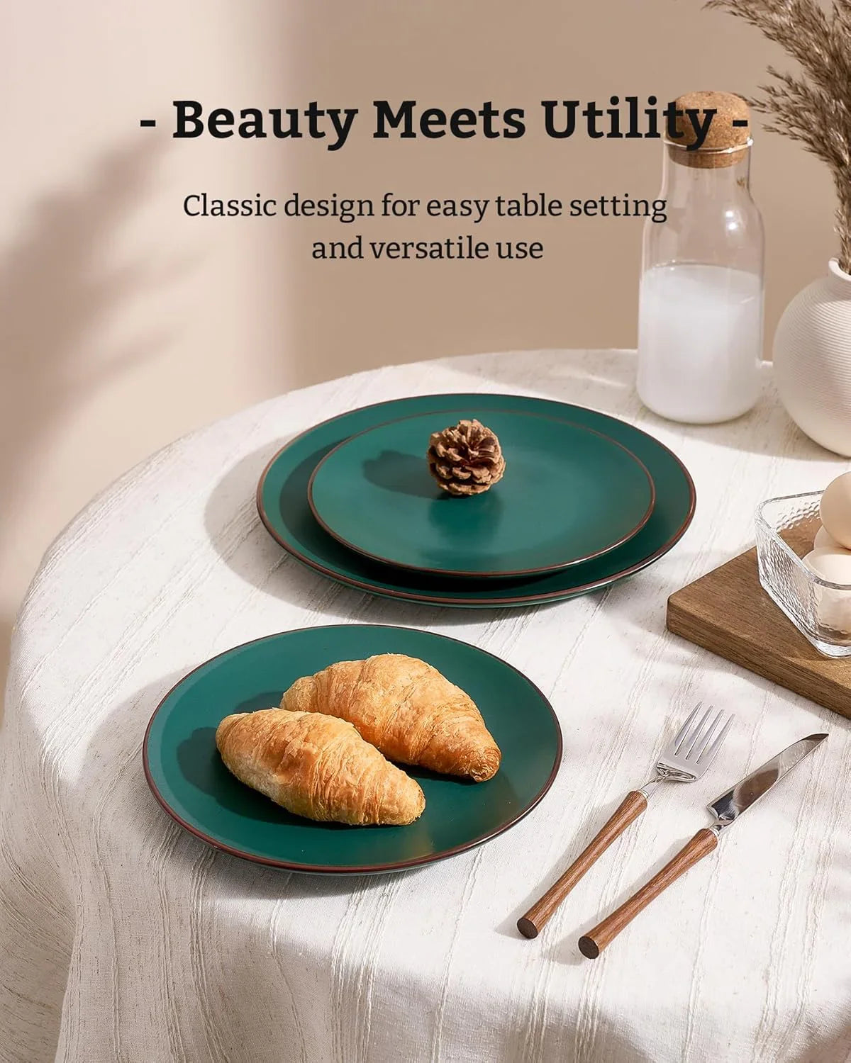 Venus 12-Piece Plates and Bowls Sets with Trim for 4, Stoneware Dinnerware Set, Modern Minimalist Dishes for Everyday & Formal Use, Chip Resistant, Microwave/Dishwasher Safe, Matte Dark Green