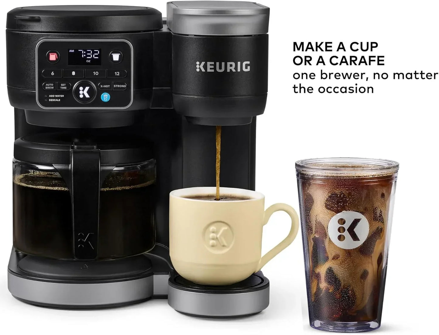 Keurig coffee maker brewing into mug and iced coffee tumbler, perfect for home kitchen use