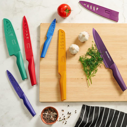 Knife Set, 12 Pcs Color-Coded Kitchen Knives Set, 6 Color Anti-Rust Coating Stainless Steel Chef Knife Sets with 6 Blade Guards Dishwasher Safe