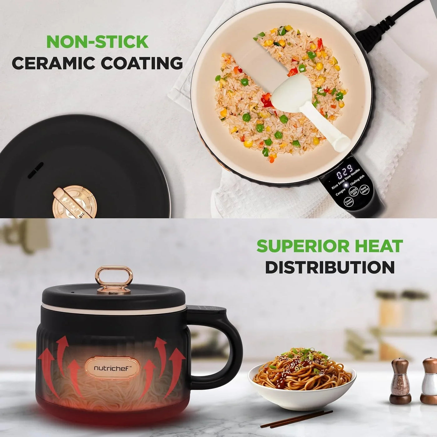 1.6 QT Portable Electric Rice Cooker & Lunch Maker | Multi-Functional & Non-Stick Ceramic Coating | Digital Control Panel | 6 Cook Functions: Rice, Soup, Stew, Porridge & More | Black