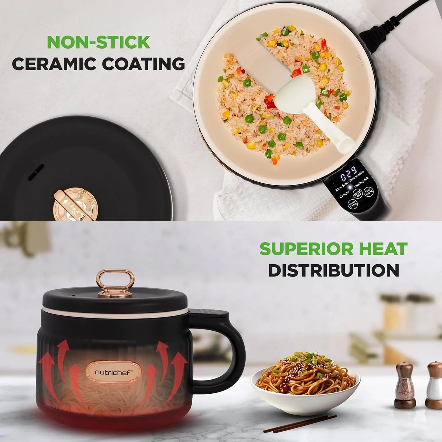 1.6 QT Portable Electric Rice Cooker & Lunch Maker | Multi-Functional & Non-Stick Ceramic Coating | Digital Control Panel | 6 Cook Functions: Rice, Soup, Stew, Porridge & More | Black