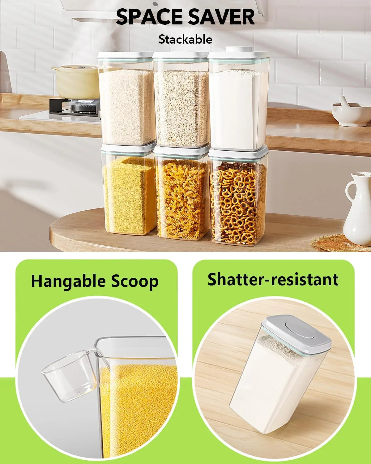 Airtight Food Storage Container with Pop Lid & 130Ml Scoop, 4L/4.2Qt *4 Bpa-Free Cereal, Rice, Flour, Pasta & Snack Container, Stackable & Durable,Kitchen Pantry Organizer