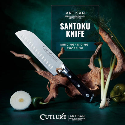 Santoku Knife – 7" Chopping Knife, Meat and Vegetable Knife – Forged High Carbon German Steel – Sheath Included – Full Tang & Razor Sharp – Ergonomic Handle Design – Artisan Series
