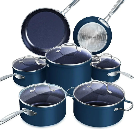 Navy blue cookware set with glass lids and stainless steel handles for everyday cooking