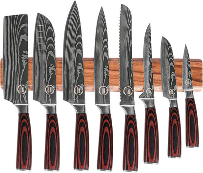 8 PC Chef Knives - High Carbon Stainless Steel Knives with Pakkawood Handles - Magnetic Strip Holder Included - Japanese Knife Set - Home & Professional Chef'S Knife Set