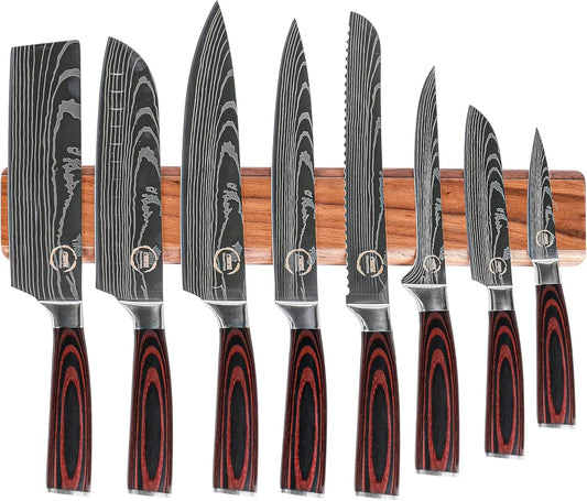 8 PC Chef Knives - High Carbon Stainless Steel Knives with Pakkawood Handles - Magnetic Strip Holder Included - Japanese Knife Set - Home & Professional Chef'S Knife Set