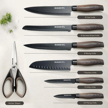 13-Piece Kitchen Knife Set with Black Anti-Rust Coating, Dishwasher Safe, Stainless Steel Chef Knives Set with 6 Blade Guards, Wood Grain Handle, Perfect Holiday & Housewarming Gifts