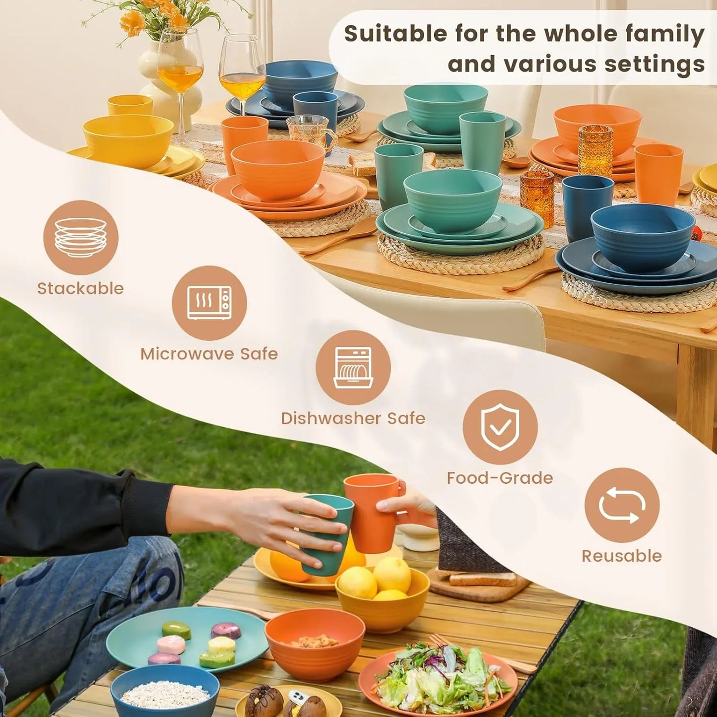 40-Piece Premium Wheat Straw Dinnerware Sets, Service for 8, Unbreakable Plates and Bowls Set - Cups Sets, Dinner Plates, Bowls for Kitchen,Dishwasher and Microwave Safe Dishes Set - Multi