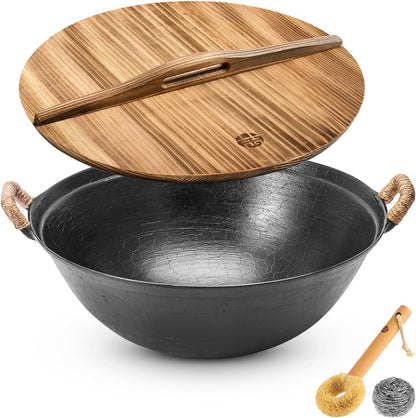 11.8" round Bottom Cast Iron Wok - Small Traditional Pow Wok for Camping & Open Fire - Gas Stove Compatible (Wok Ring Required) - Uncoated Stir Fry Pan with Cleaning Brush