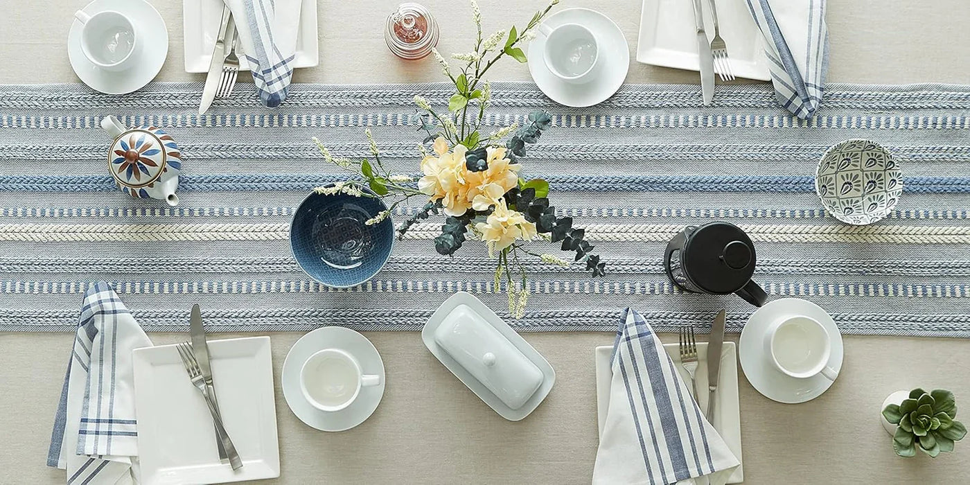 Farmhouse Braided Stripe Table Runner Collection, 15X72 (15X77, Fringe Included), Stonewash Blue
