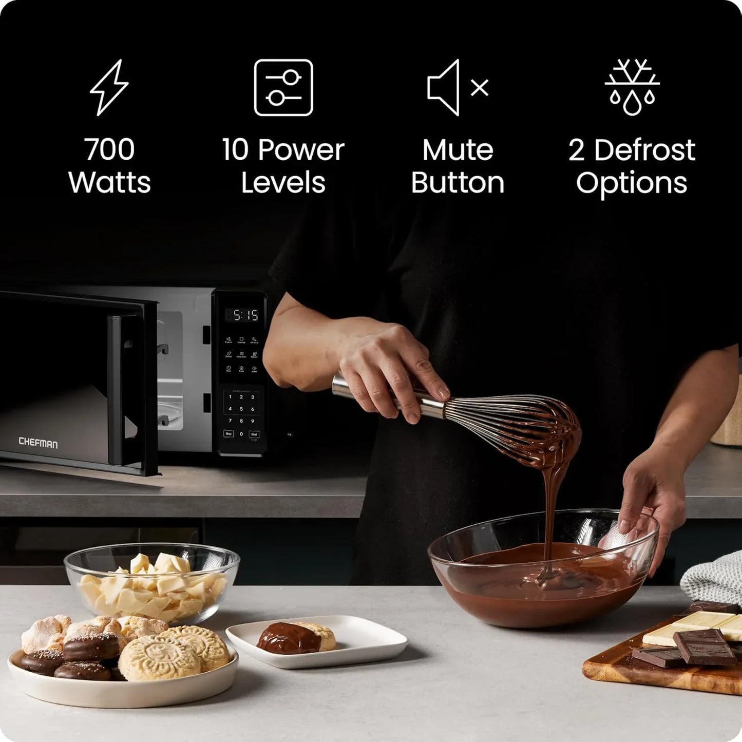 Countertop Microwave Oven 0.7 Cu. Ft., 700 Watts with 10 Power Levels, 6 Cooking Presets with One-Touch Express Cook, Eco Mode, Child Safety Lock, & Mute Button - Black