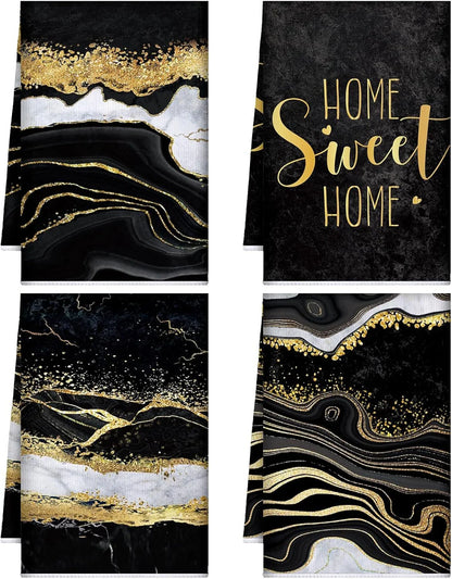 4 Pcs Marble Kitchen Towels Black and Gold Bathroom Hand Towels Absorbent Marble Tea Washcloths for Spring Bathroom Decor Kitchen Accessories Gifts