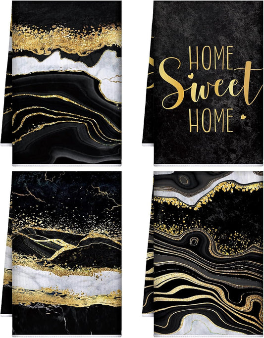 4 Pcs Marble Kitchen Towels Black and Gold Bathroom Hand Towels Absorbent Marble Tea Washcloths for Spring Bathroom Decor Kitchen Accessories Gifts