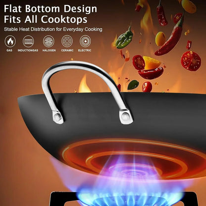 Black wok with flat bottom and stainless handle, compatible with gas, induction, electric, ceramic, and halogen cooktops for everyday cooking.