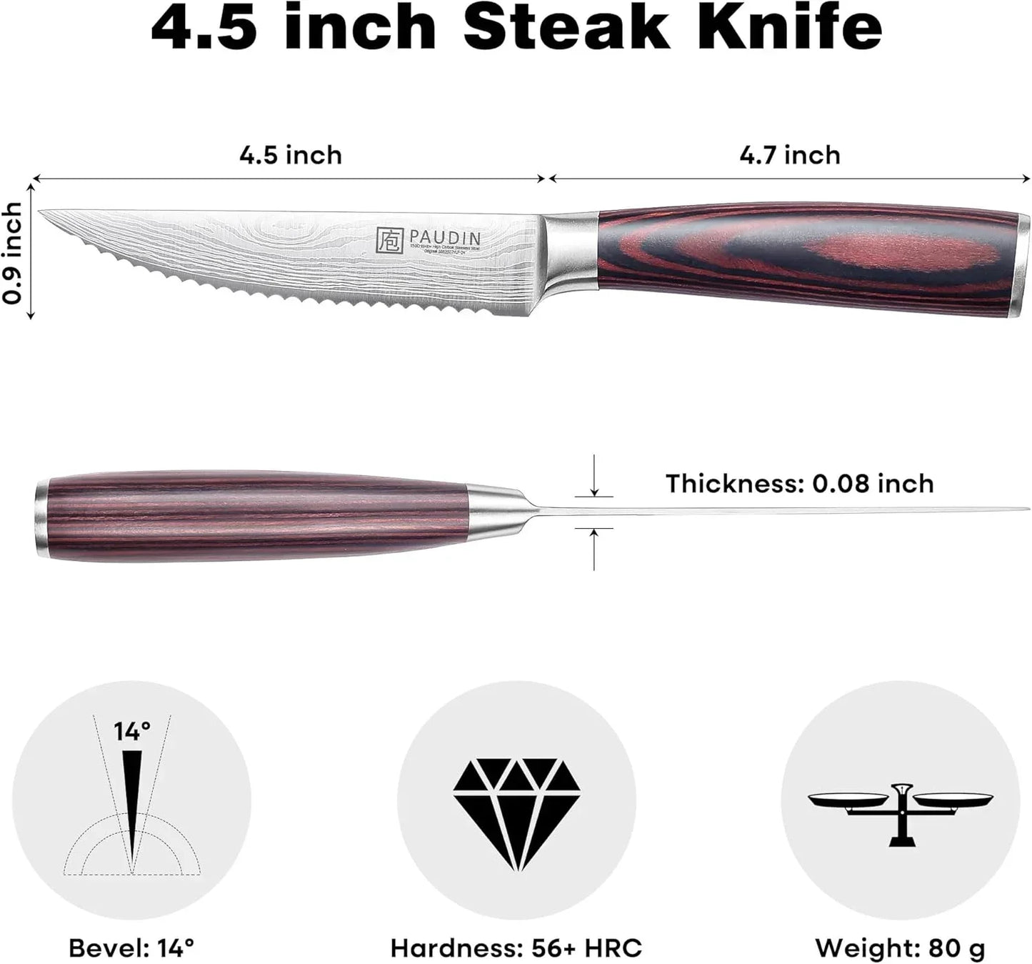 4.5 inch steak knife with serrated edge, 14° bevel, 56+ HRC hardness, and 80g weight for precise cutting.