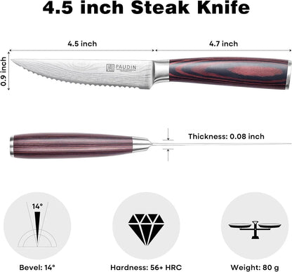 4.5 inch steak knife with serrated edge, 14° bevel, 56+ HRC hardness, and 80g weight for precise cutting.